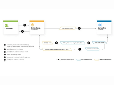 Flow chart shows how SAP intercompany accounting replicates master data, consolidates, eliminates, and reports transactions