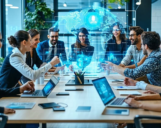 A group of business professionals brainstorm at a conference room table, taking notes on laptops and tablets