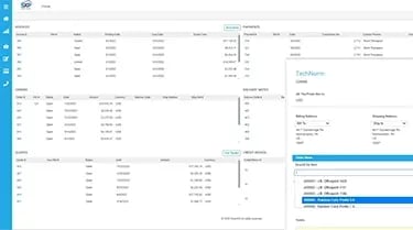 Screenshot of an SXP Partner Edition dashboard showing tables of invoices, quotes, order details, and forms