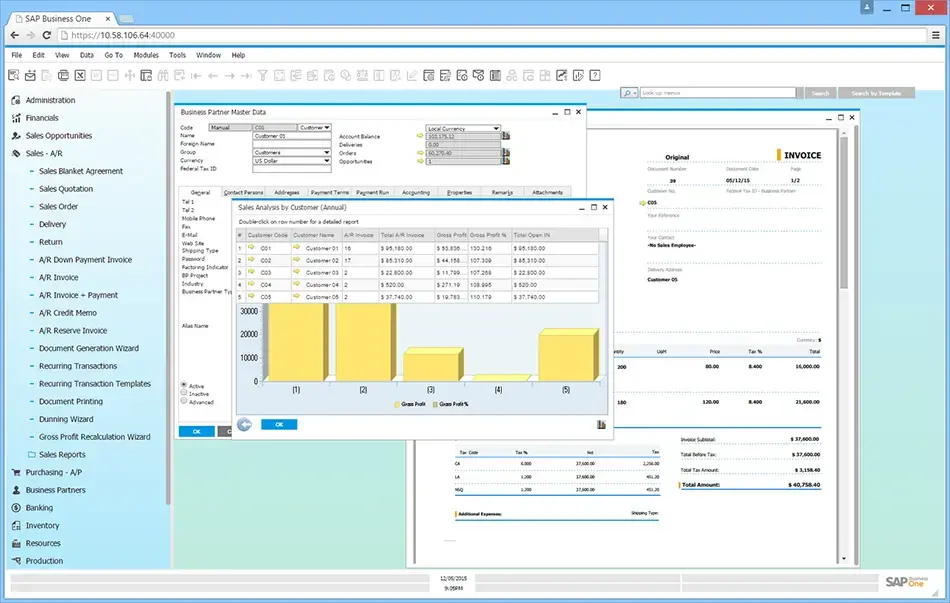 Tableau de bord du logiciel ERP avec graphiques, tableaux et champs représentant les fonctionnalités entièrement intégrées de SAP Business One
