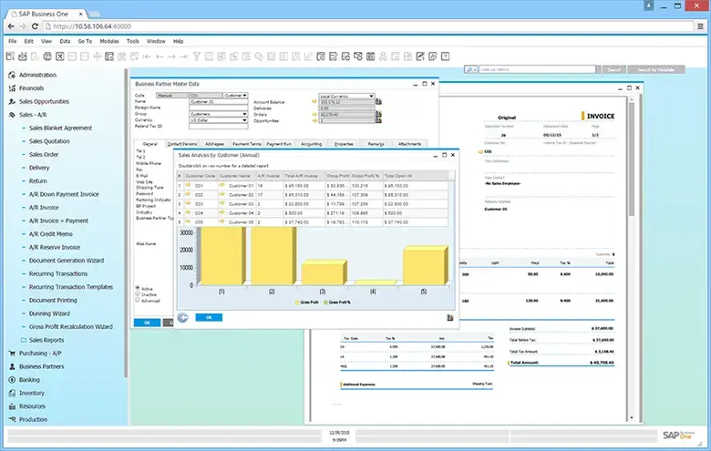 ERP software dashboard with charts, tables, and fields representing SAP Business One’s fully integrated functionality