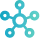 Turquoise icon of a circle with 5 extensions and smaller circles representing end user support