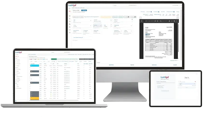 Laptop, tablet, and computer monitor show charts and data from Lumiya